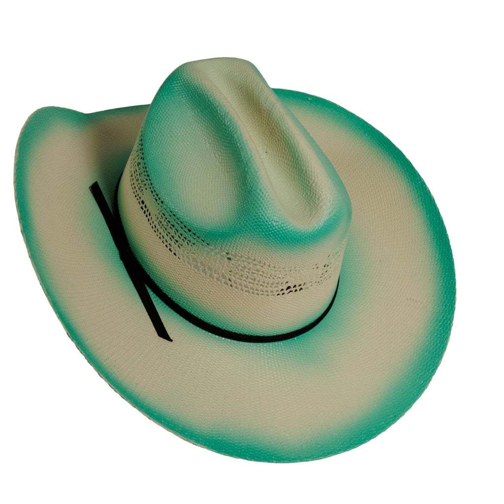 Turquoise straw cowboy hat with a cattleman shape and black leather band, featuring a wide brim for sun protection.