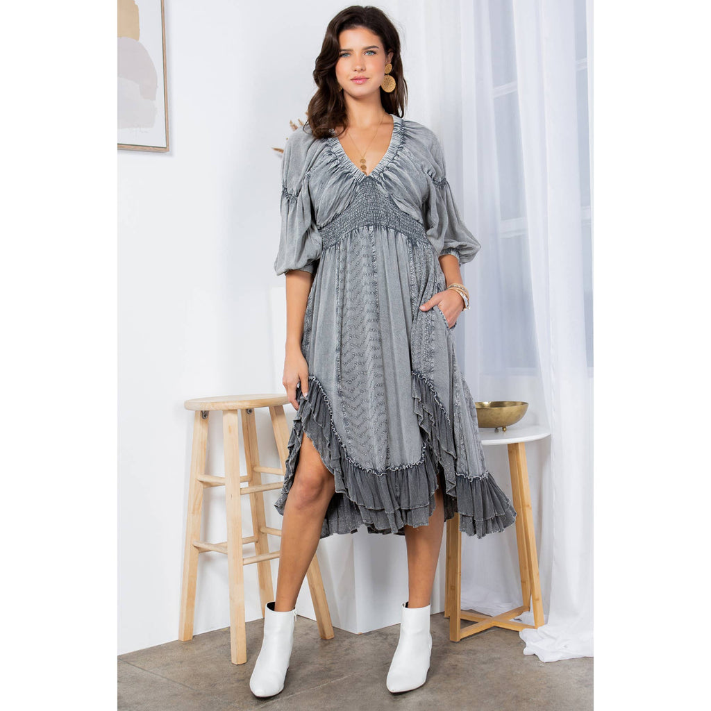 Young Threads - Effortless Elegance: Sheared & Elasticated V-Neck Dress