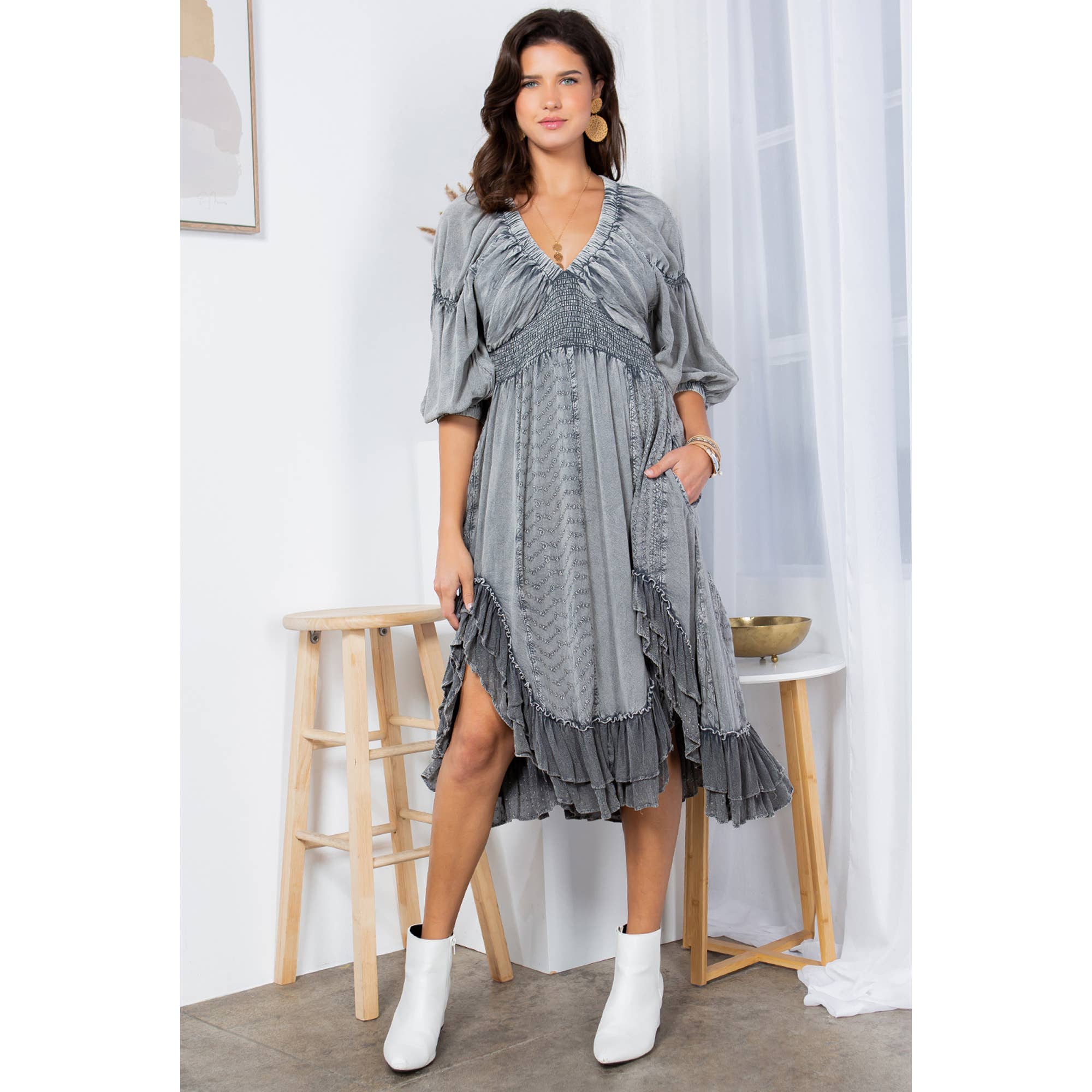 Young Threads - Effortless Elegance: Sheared & Elasticated V-Neck Dress