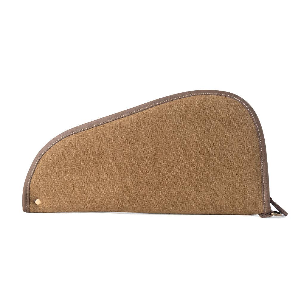 Antique olive gun case featuring smooth leather edging and a long, curved silhouette with a vintage textured finish.