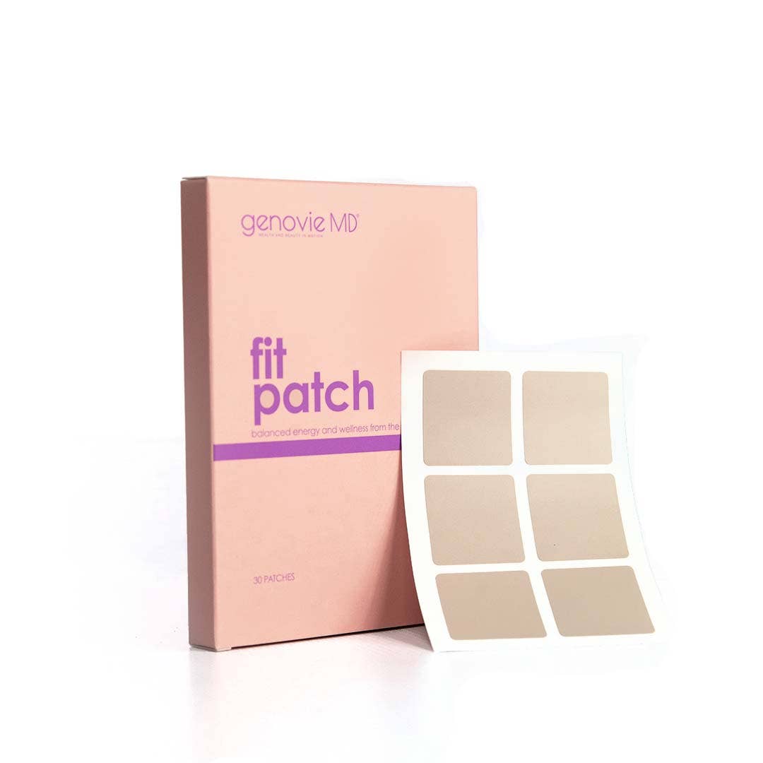 Fit Patches box with a light pink background and a grid of 30 patches displayed next to it, designed for energy and cravings.