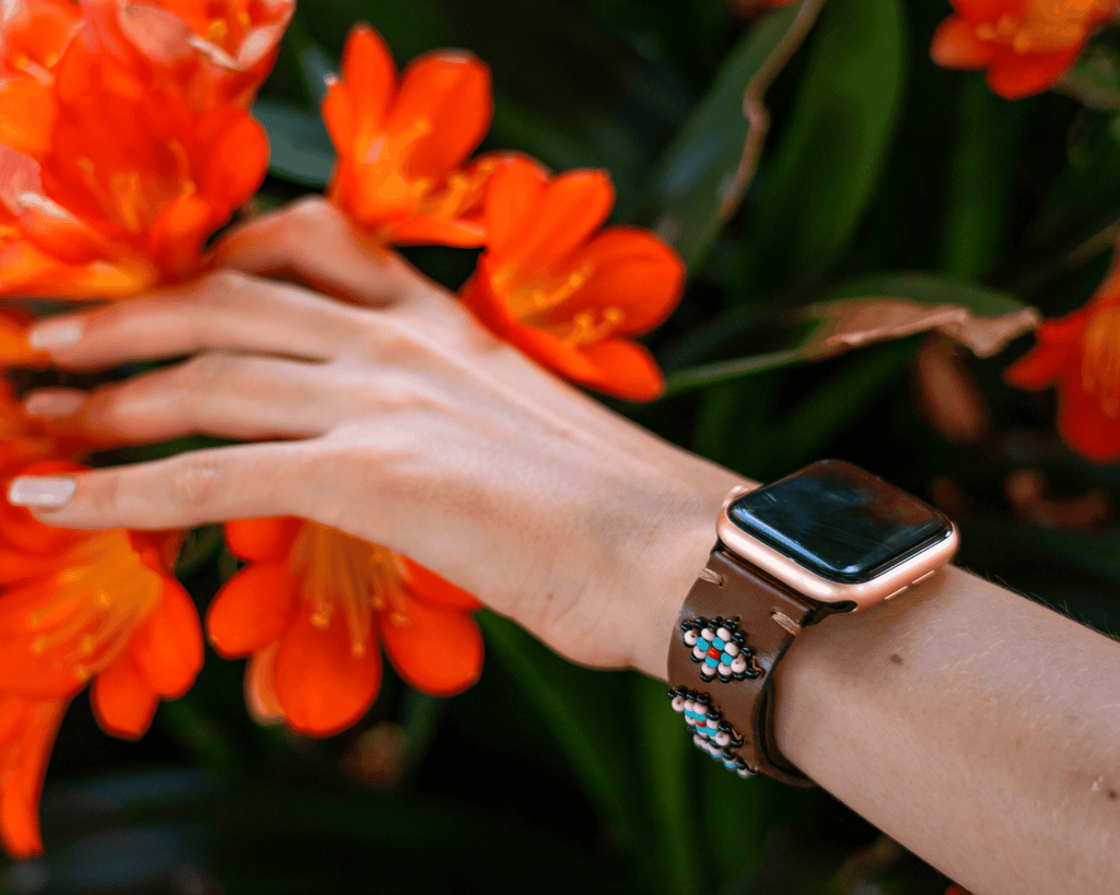 Colorful beaded leather Apple Watch band with a western design, perfect for daily wear.