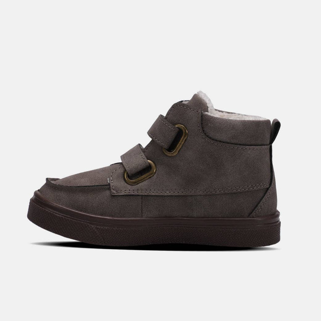 Gray mid-top boot with two hook & loop straps and faux fur lining for warmth, perfect for outdoor adventures.