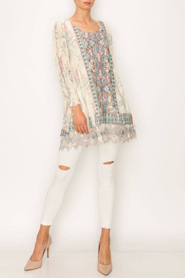 Origami Apparel ~  Lace and Crochet inspired - Graceful Long Sleeve Lace Tunic Top With Embroidery Hem - 4507BG/TURQ