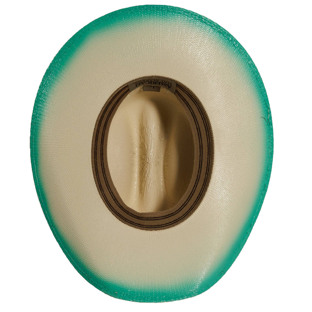 Turquoise straw cowboy hat with a cattleman shape, featuring a black leather band and elastic sweatband for comfort.