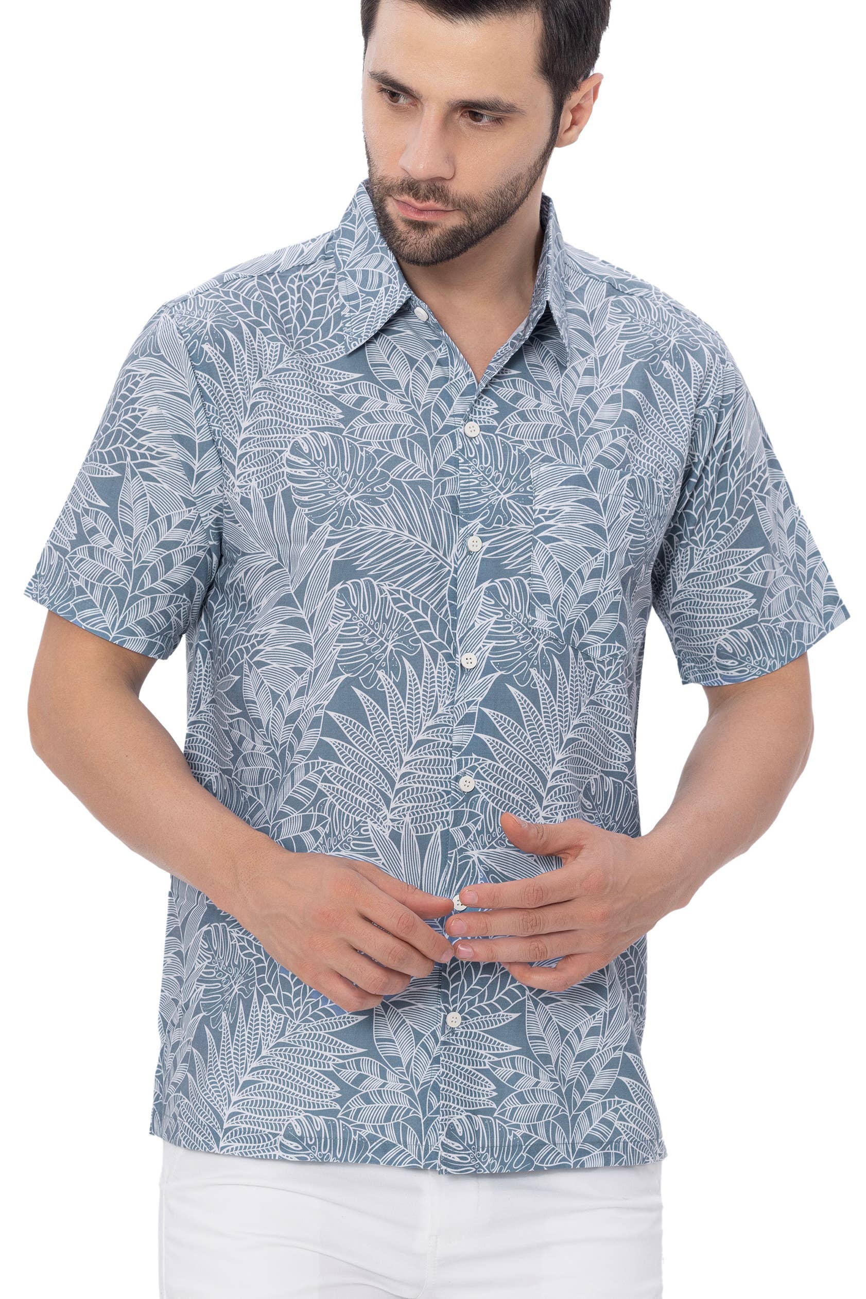 LA LEELA \ HAPPY BAY - HAPPY BAY Mens Hawaiian Shirts White Tropical Leafs P00372