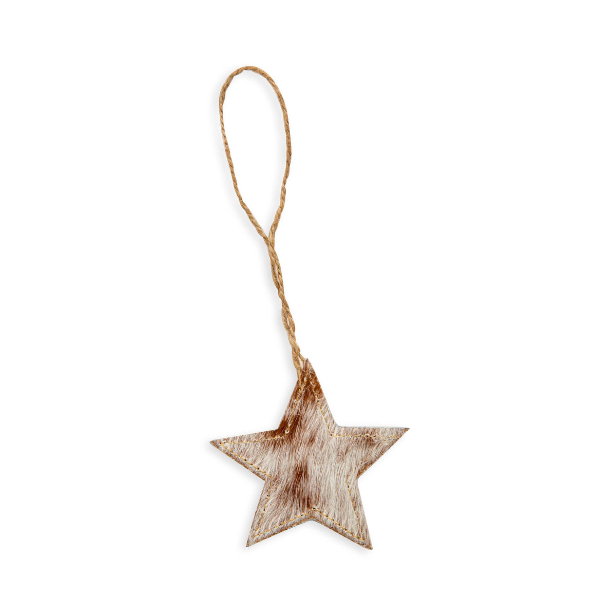 Star-shaped ornament in warm brown hair-on hide with jute hanger, showcasing unique stitched edges.