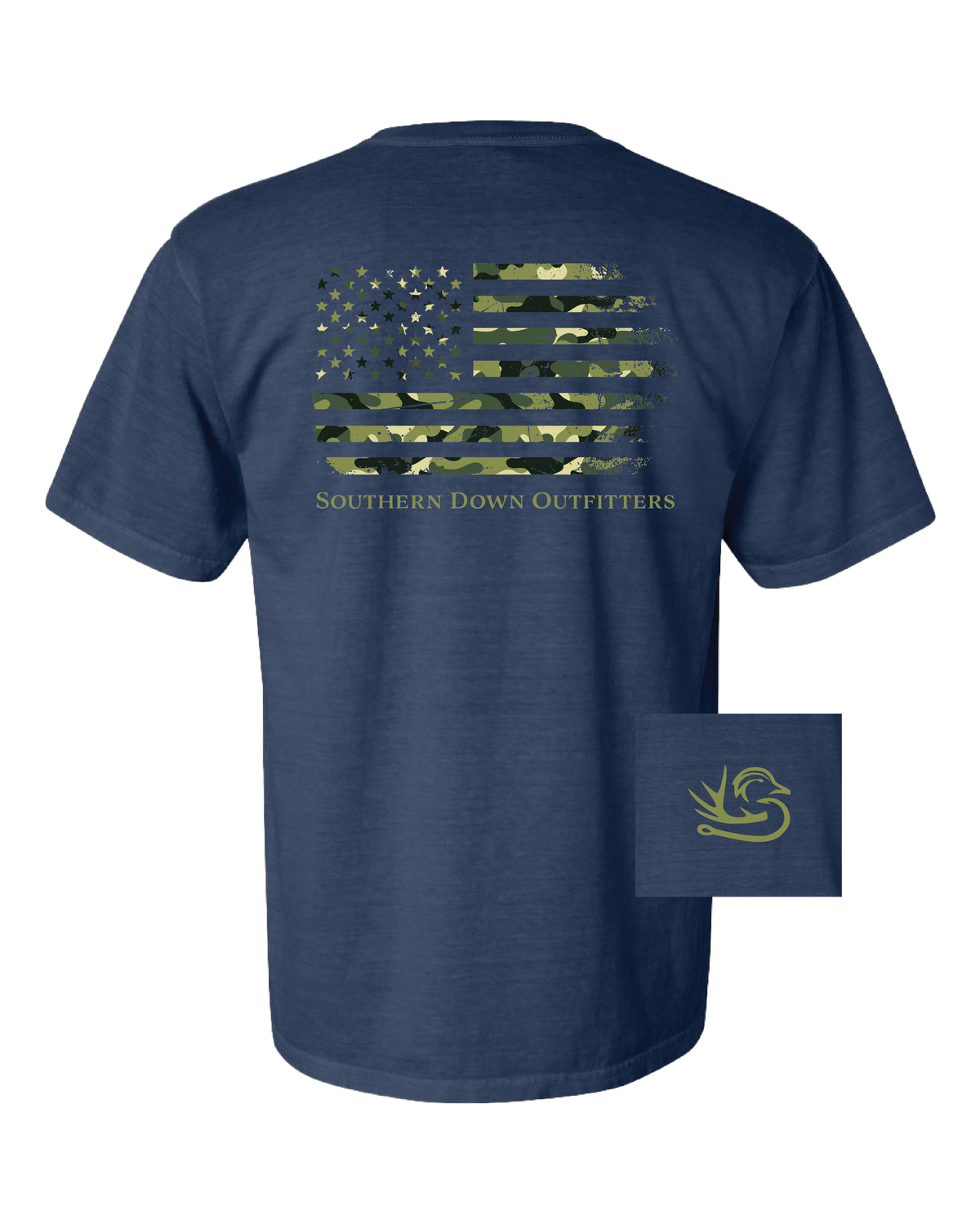 Dark blue t-shirt featuring a camouflage flag design on the back and Southern Down Outfitters text below.