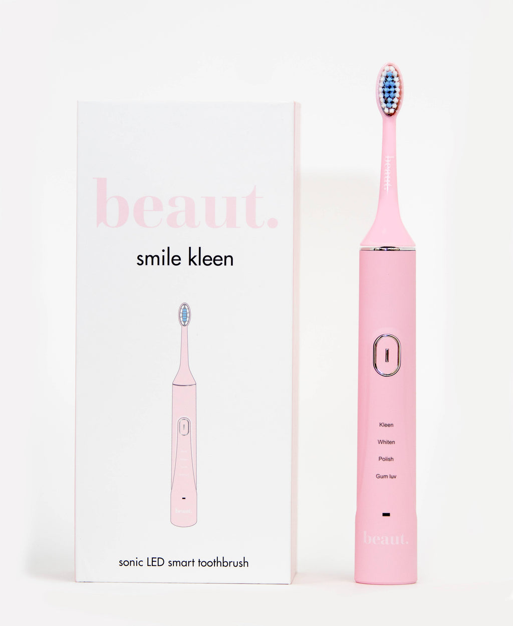 Pink Smile Kleen Sonic Vibration Toothbrush with blue and red bristles, featuring a modern design and visible power button.