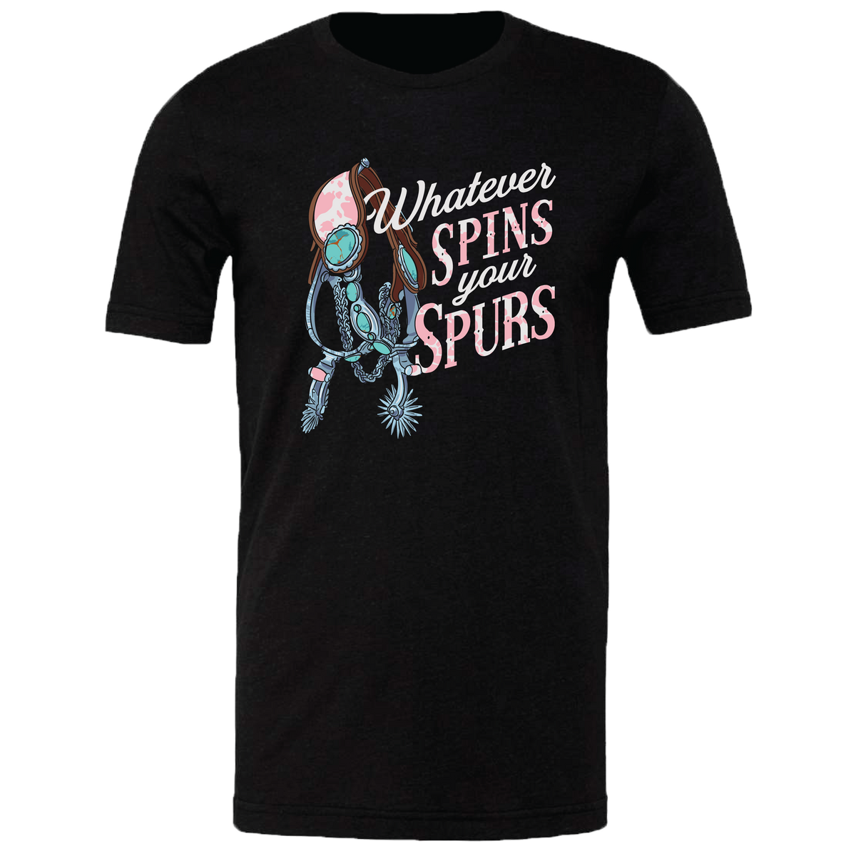 Short sleeve black graphic tee featuring the text 'Whatever Spins your SPURS' with a country and western design.