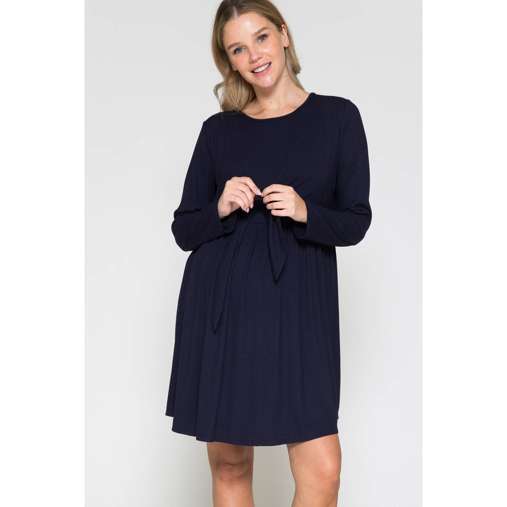Story Teller - Maternity Wrap Waist Ruched Ruffle Spring Midi Dress