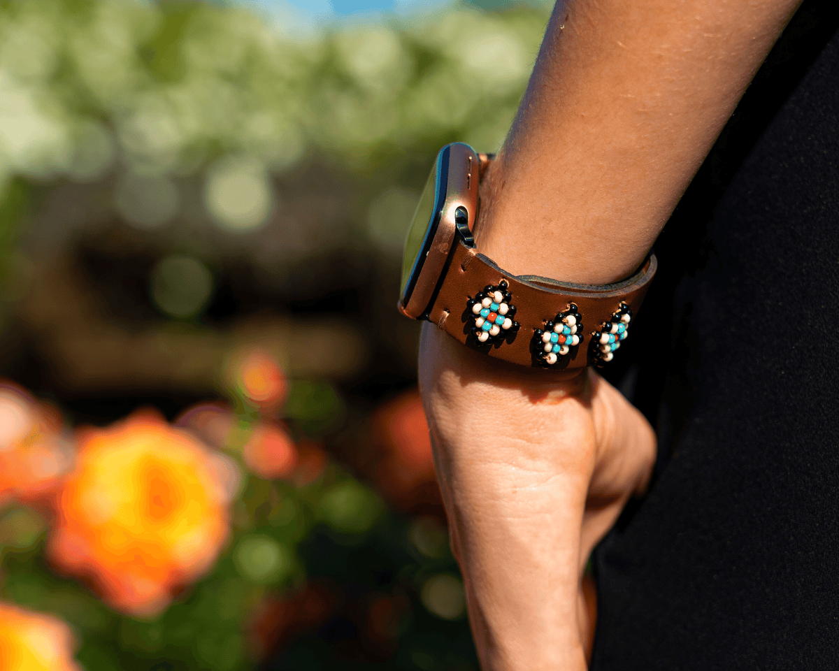 Brown Phoenix Beaded Apple Watch Band featuring decorative glass beads in a western design, perfect for daily wear.