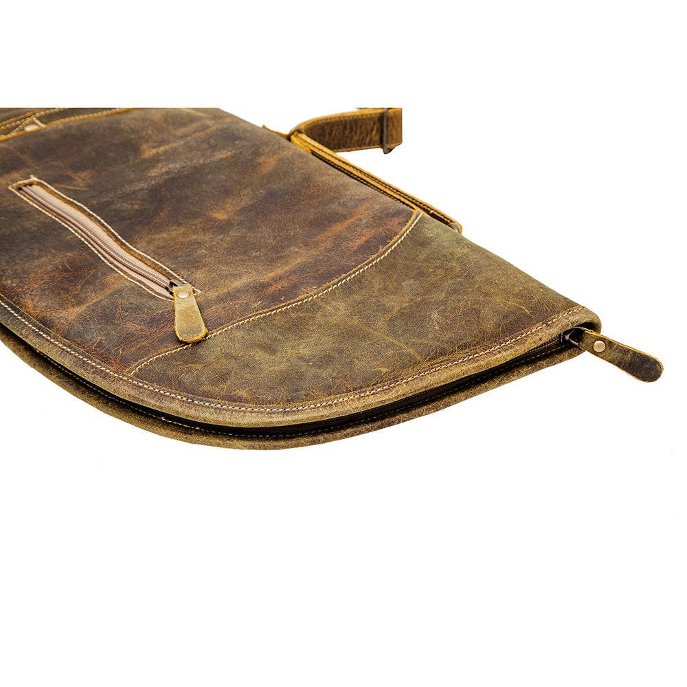 Rugged leather gun cover featuring a zippered pocket, shoulder strap, and two carry handles for easy transport.