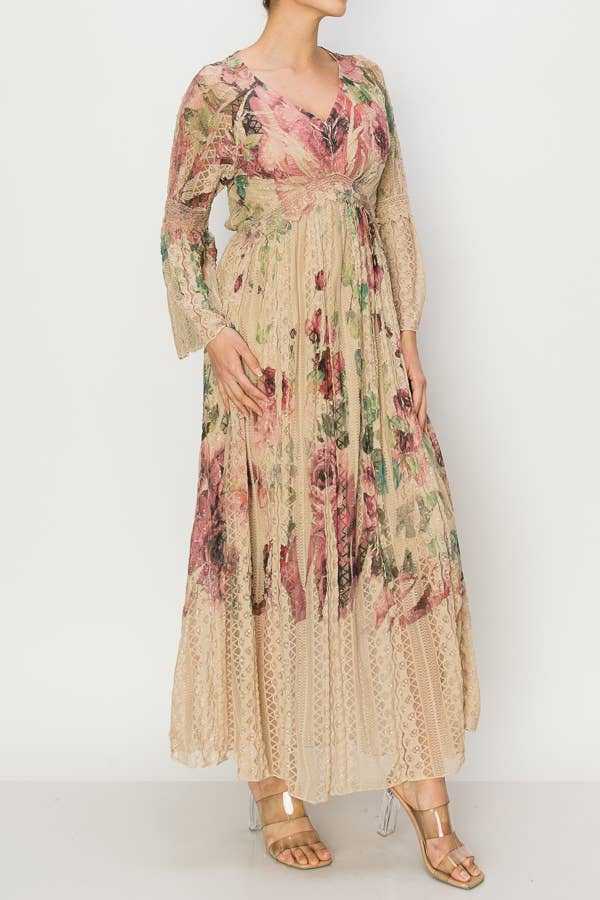Origami Apparel ~  Lace and Crochet inspired - Romantic Lace Bell-Sleeved A-Line Midi Dress-4658TP-BIG ROSE