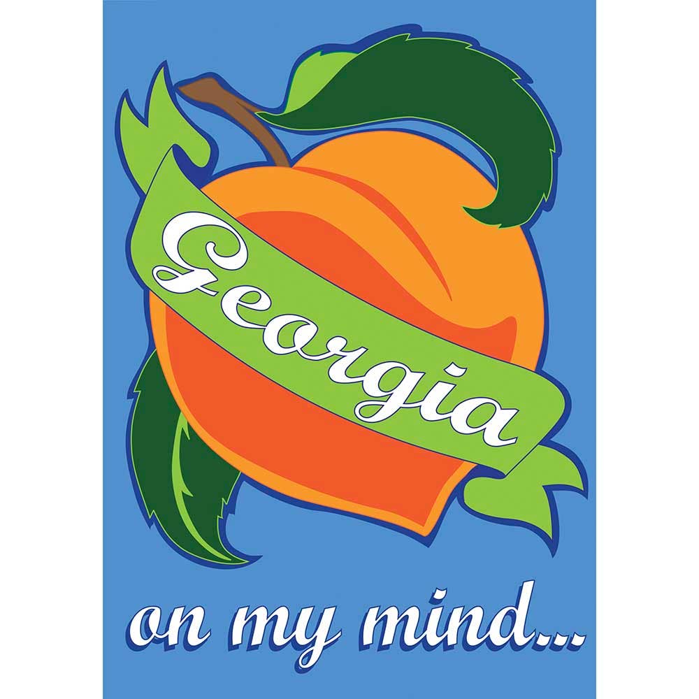Colorful flag featuring a peach design with a green ribbon and the text 'Georgia on my mind...' against a blue background.