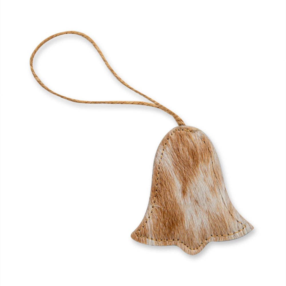 Brown hair-on hide bell ornament with stitched edges and natural jute hanger, perfect for holiday decor.