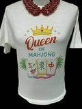 White crew t-shirt featuring a colorful 'Queen of Mahjong' design with Mahjong tiles, flowers, and a crown, embellished with bling.