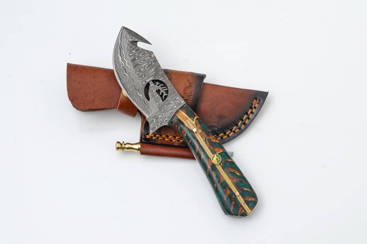 Titan International - Damascus Guthook Hunting Knife with Green & Bronze Resin Handle