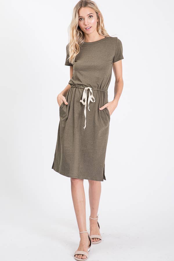 7th Ray - Everyday Drawstring Waist Side Pocket T-Shirt Dress D2465