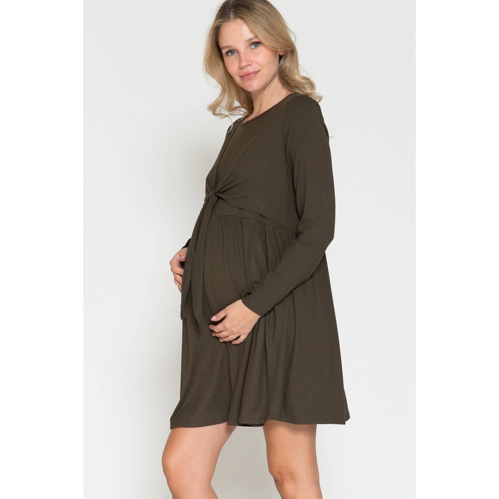 Story Teller - Maternity Wrap Waist Ruched Ruffle Spring Midi Dress