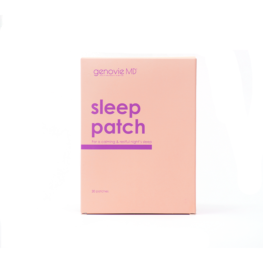 Calming Sleep Patches packaged in a pink box, featuring the brand name GenovieMD and indicating 30 patches inside.