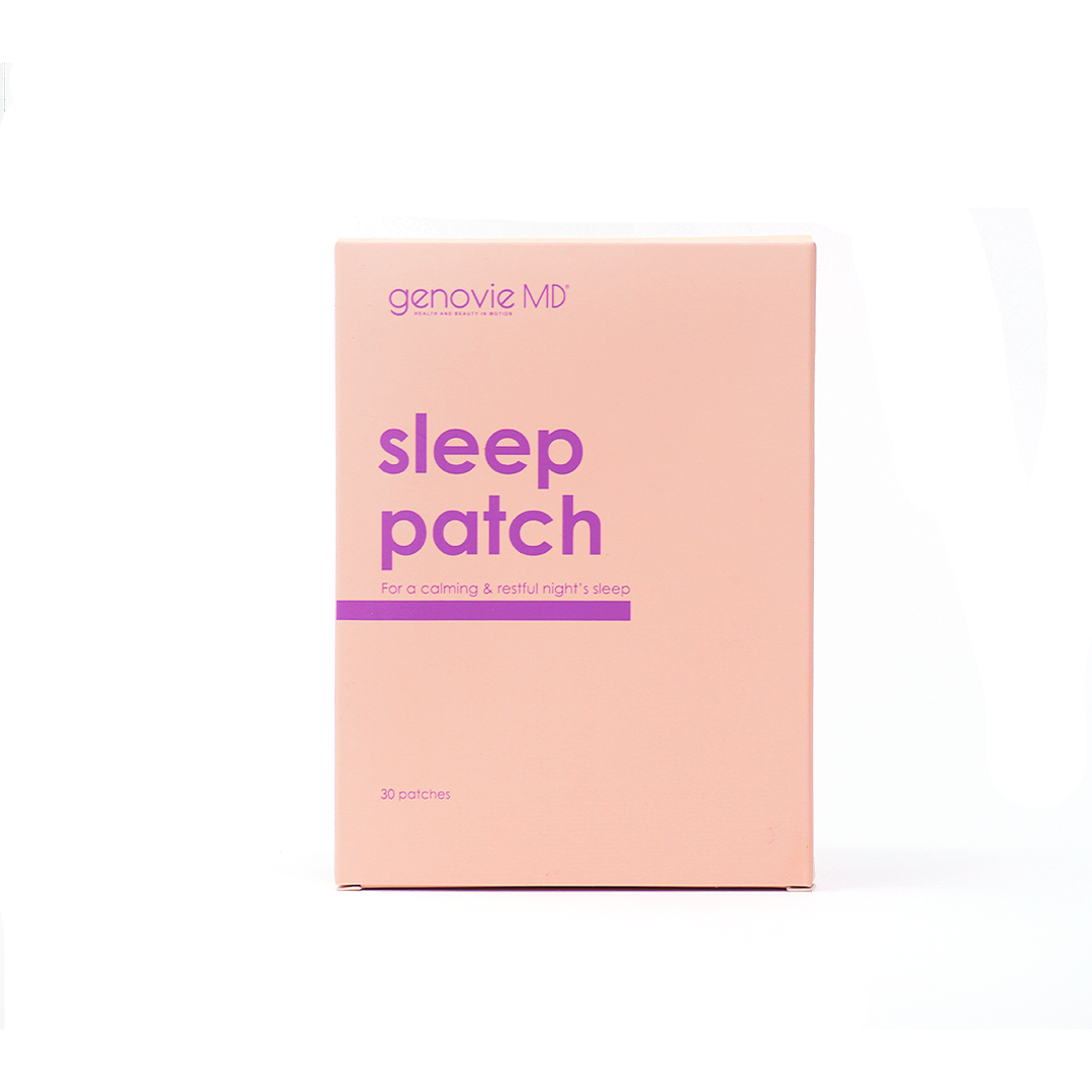Calming Sleep Patches packaged in a pink box, featuring the brand name GenovieMD and indicating 30 patches inside.