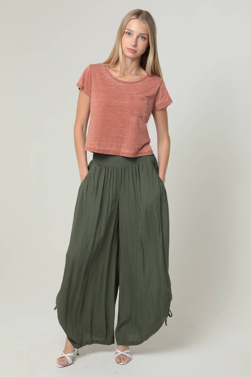 ANGIE - B3710-ASIS SIDE CINCH WIDE LEG PANTS WITH SMOCKED WAIST AND