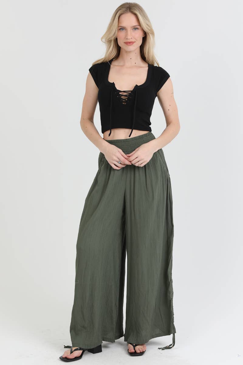 ANGIE - B3710-ASIS SIDE CINCH WIDE LEG PANTS WITH SMOCKED WAIST AND
