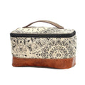 Flower design canvas and leather shaving kit with a wide mouth opening and secure zippered closure for easy travel.