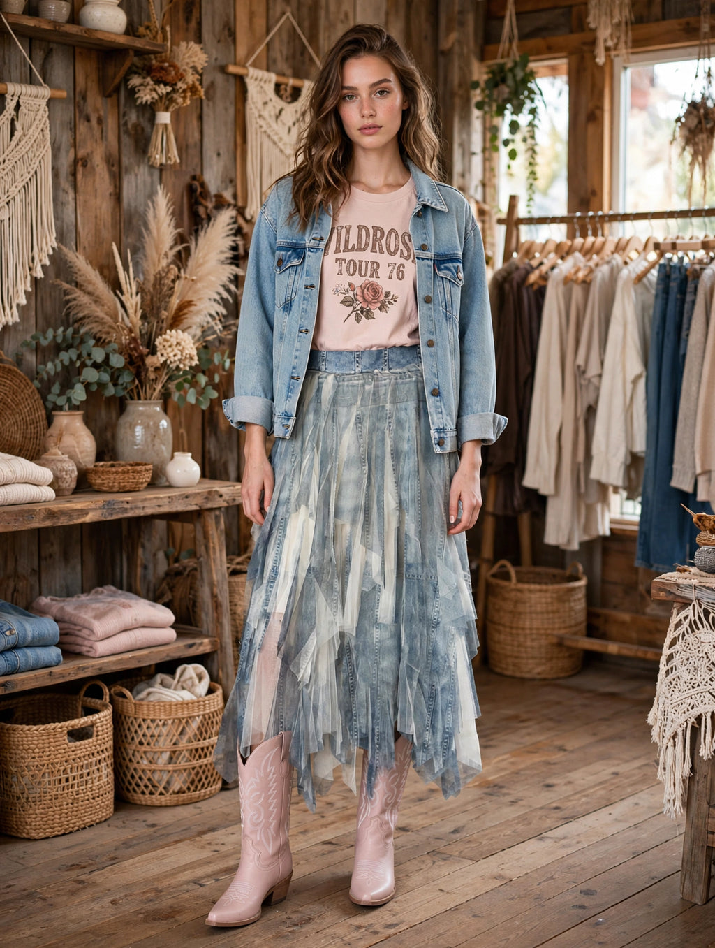 Layered float hem skirt styled with a denim jacket and graphic tee, set in a rustic background with cowboy boots.