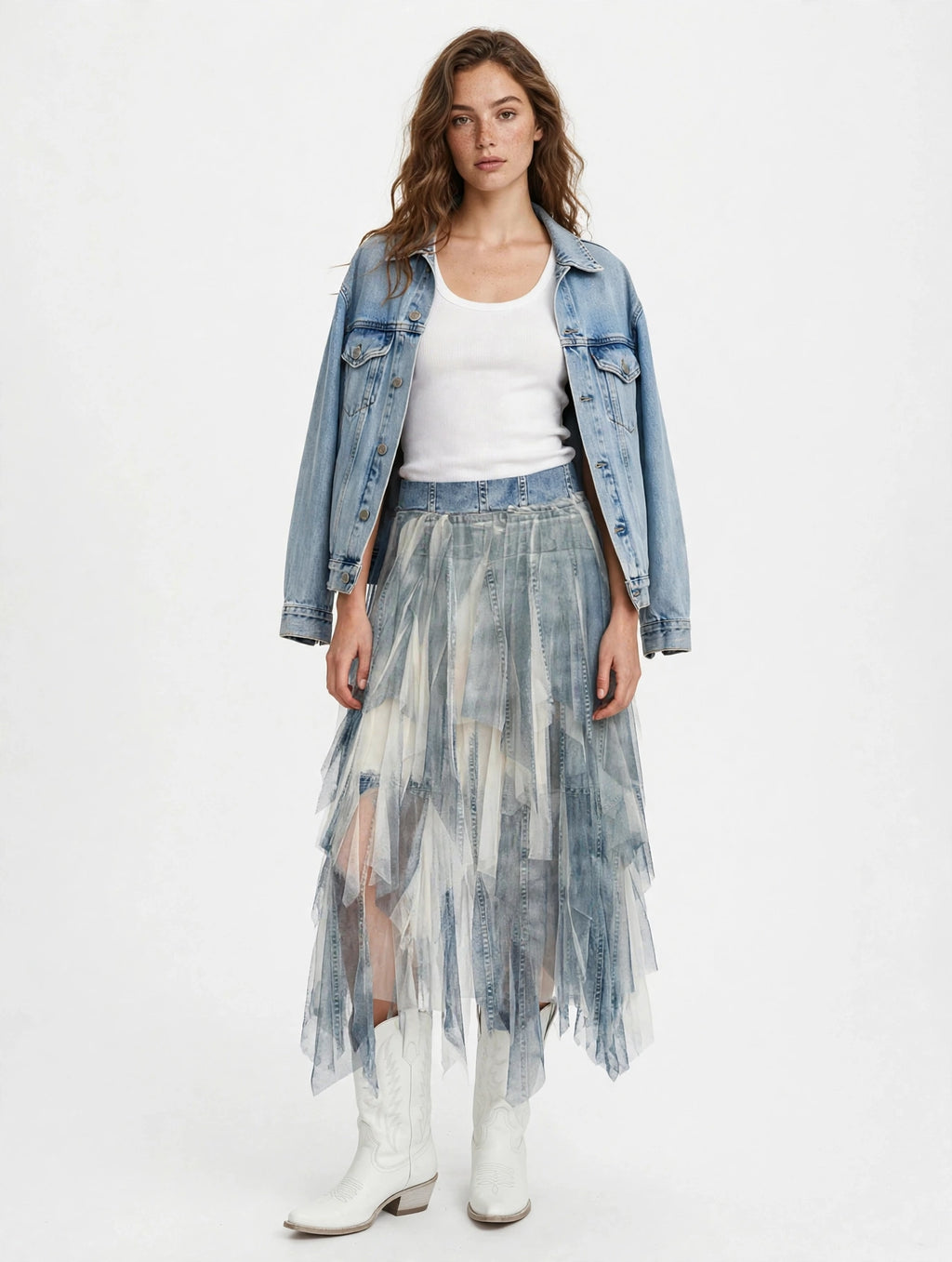 Flowy layered skirt styled with a tank top and denim jacket, showcasing a casual and feminine look.