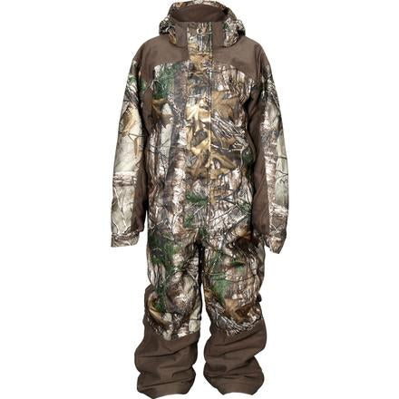 Camouflage coverall featuring shades of brown and green, designed for outdoor use with a hood and front zipper.