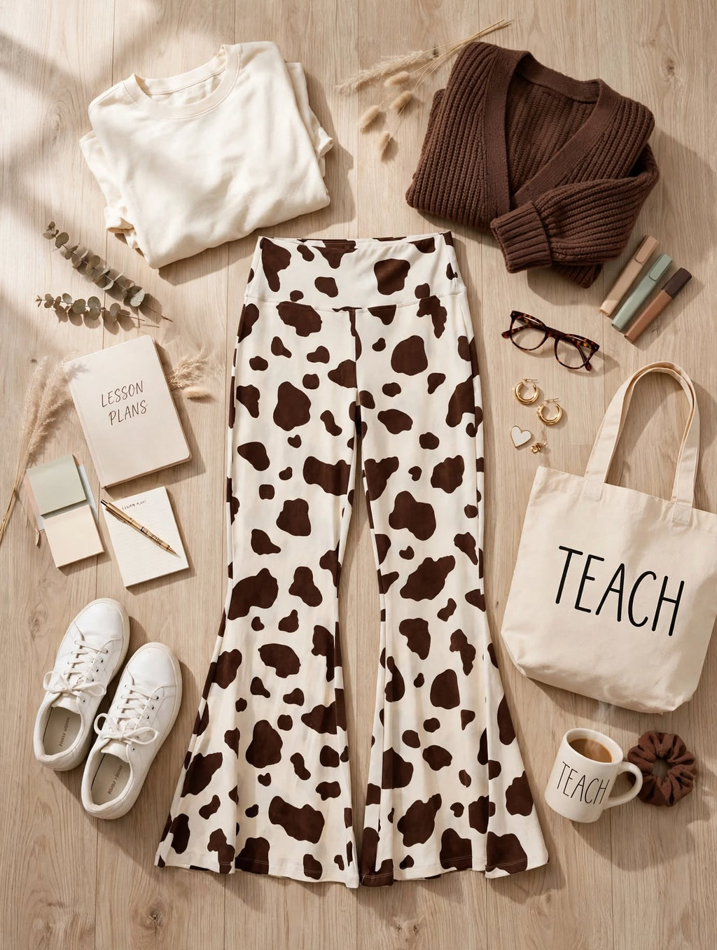 Curvy Cow Print Flare Leggings - Soft Butter Knit