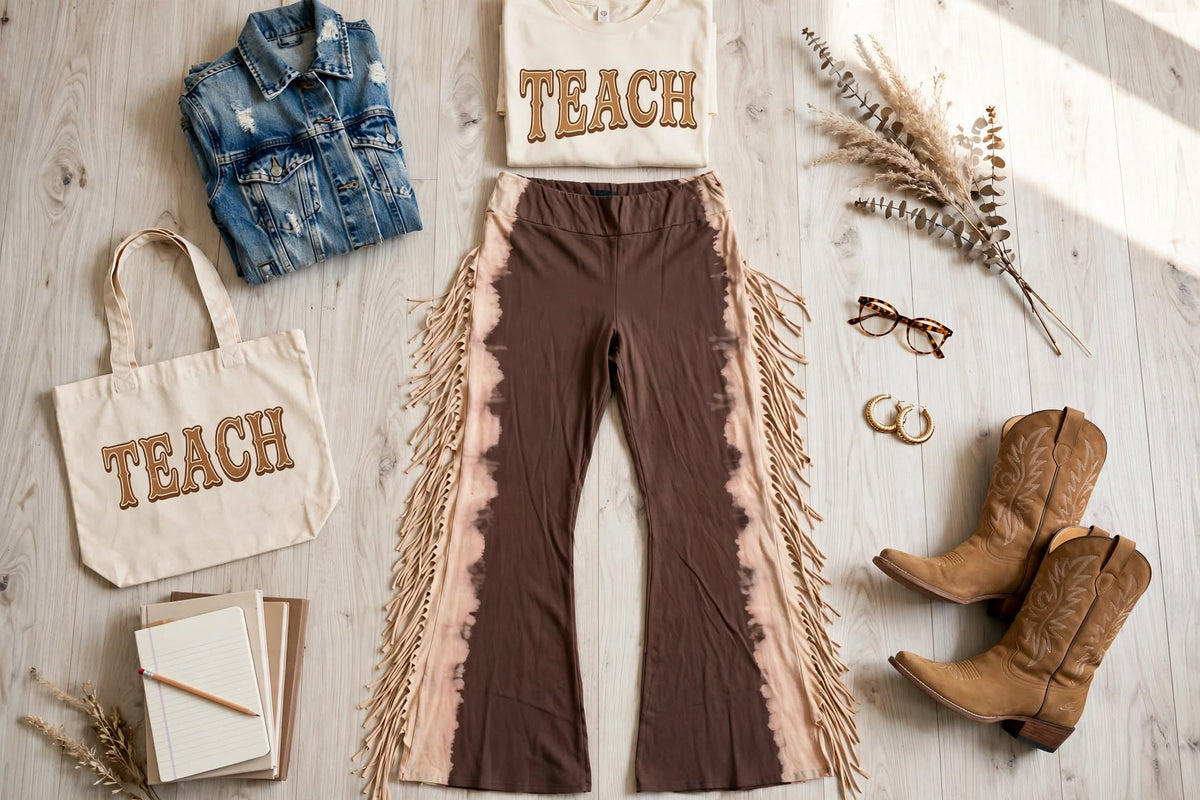 Western Fringe Flare Pants - Bleach Dye + Tassel Curvy Teacher Fave