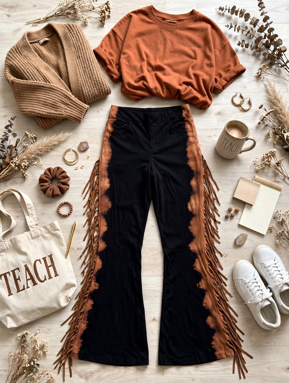 Western Fringe Flare Pants - Bleach Dye + Tassel Curvy Teacher Fave