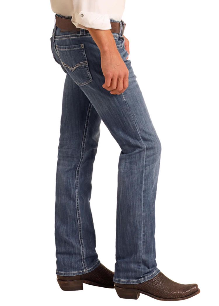 Slim straight fit jeans in medium wash with visible stitching details, designed for comfort and flexibility.