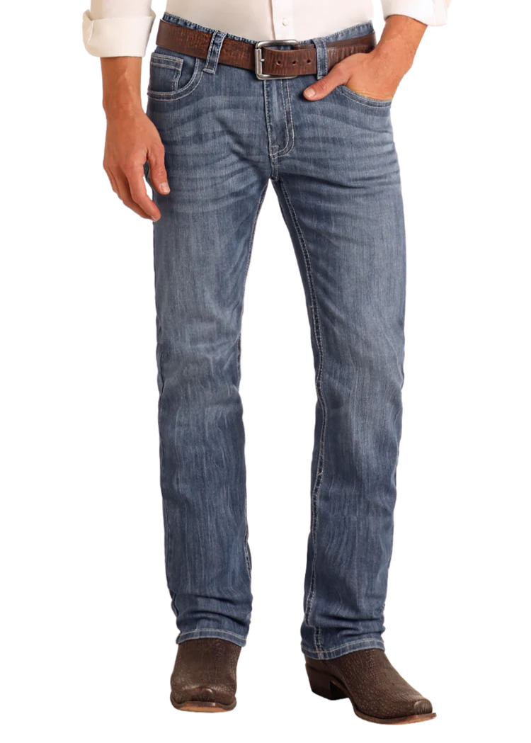 Slim fit straight leg jeans in light wash, styled with a belt and boots for a casual everyday look.
