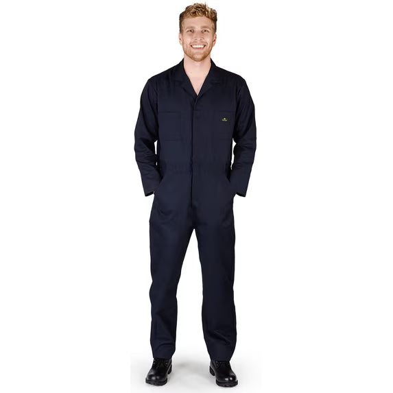 Black unisex long sleeve coverall featuring a front zipper and a relaxed fit, perfect for work or casual wear.