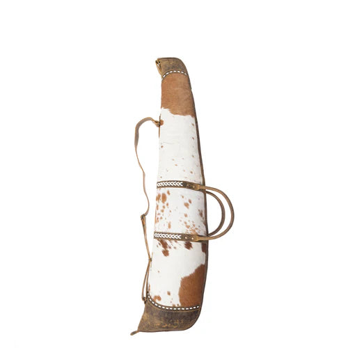 Brown and white hair-on hide gun case with antiqued leather panel, wrap-around zipper, and adjustable shoulder strap.