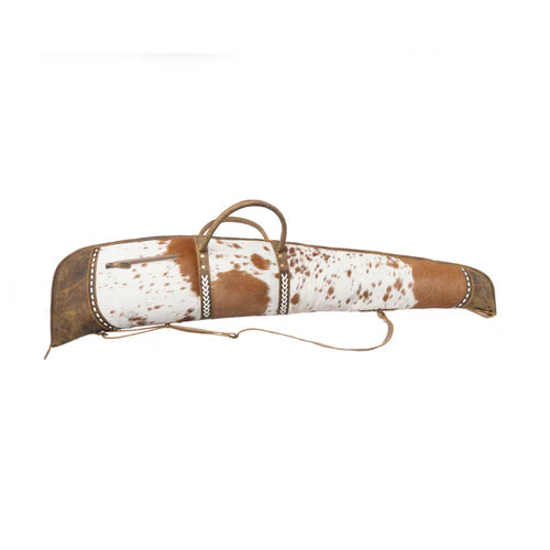 Curved brown and white spotted gun case with leather trim, detachable shoulder strap, and wrap-around zipper.