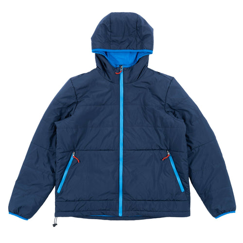 Hooded quilted jacket in navy blue with contrasting zippers and pockets, perfect for casual outdoor wear.