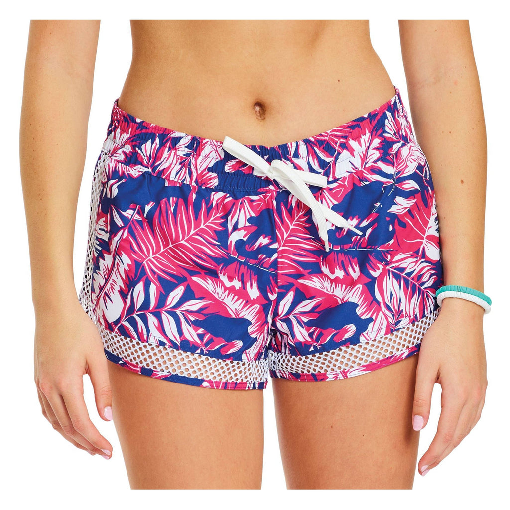 Vibrant pink and blue tropical floral shorts with a white drawstring and mesh detailing, featuring functional side pockets.