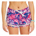 Vibrant pink and blue tropical floral shorts with a white drawstring and mesh detailing, featuring functional side pockets.