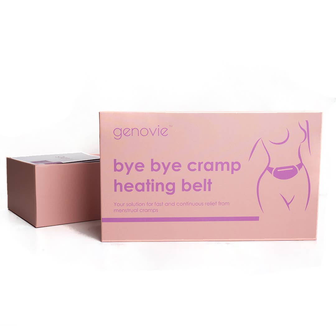 A pink box featuring the Bye-Bye Cramps Heating Belt, designed for menstrual cramp relief with a comfortable fit.