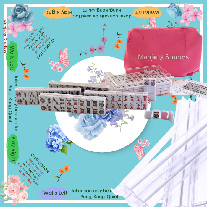 Mahjong tile set featuring a soft pink back and detailed bamboo, dot, and crack designs, along with a pink bag and instructions.