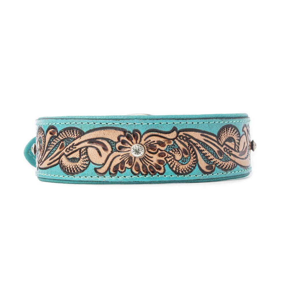 Turquoise dog collar featuring hand-tooled floral designs and sparkling crystal accents. Perfect for stylish pups.