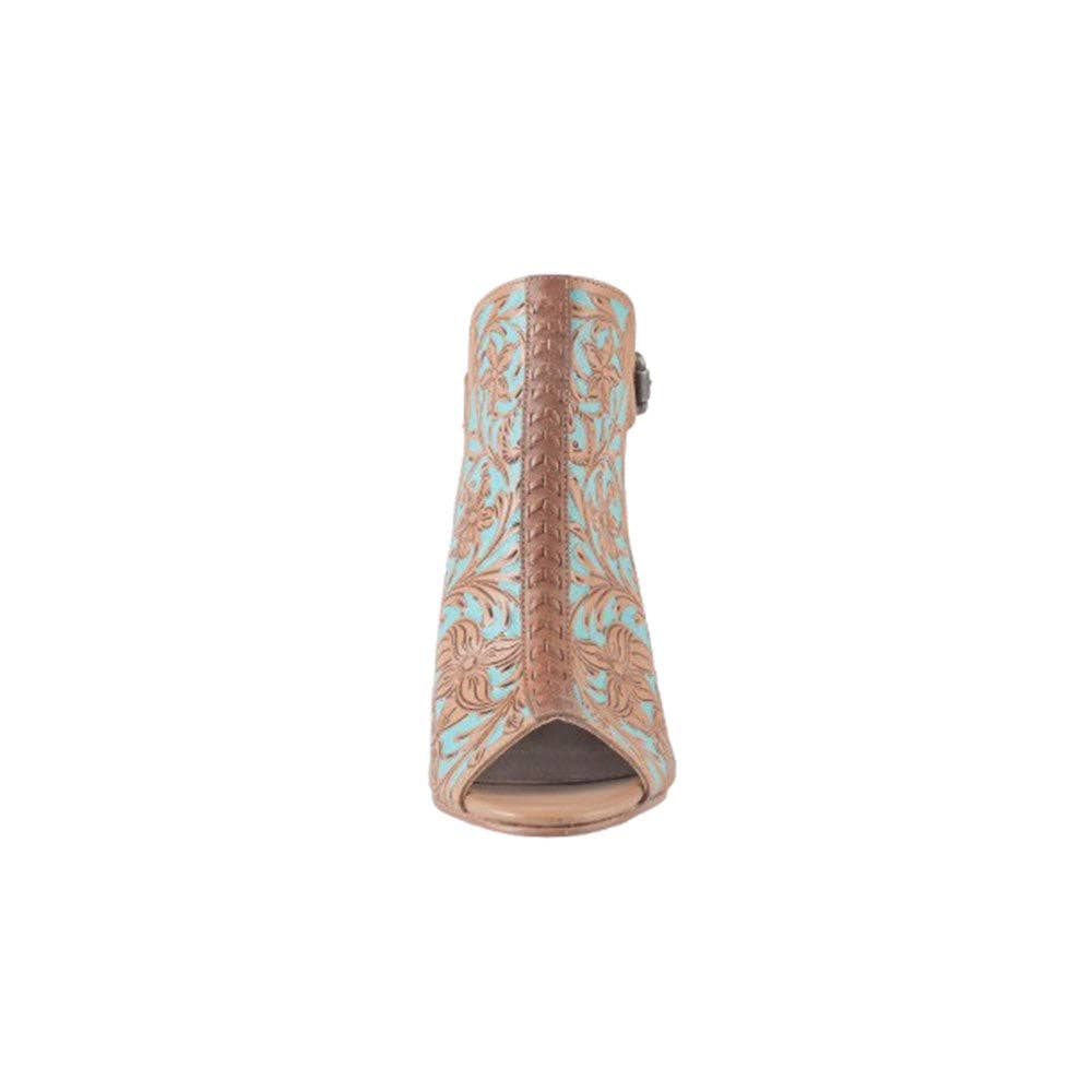 Open toe Darington Ranch heel shoes in tan and turquoise with floral-embossed design and chunky heel for comfort.