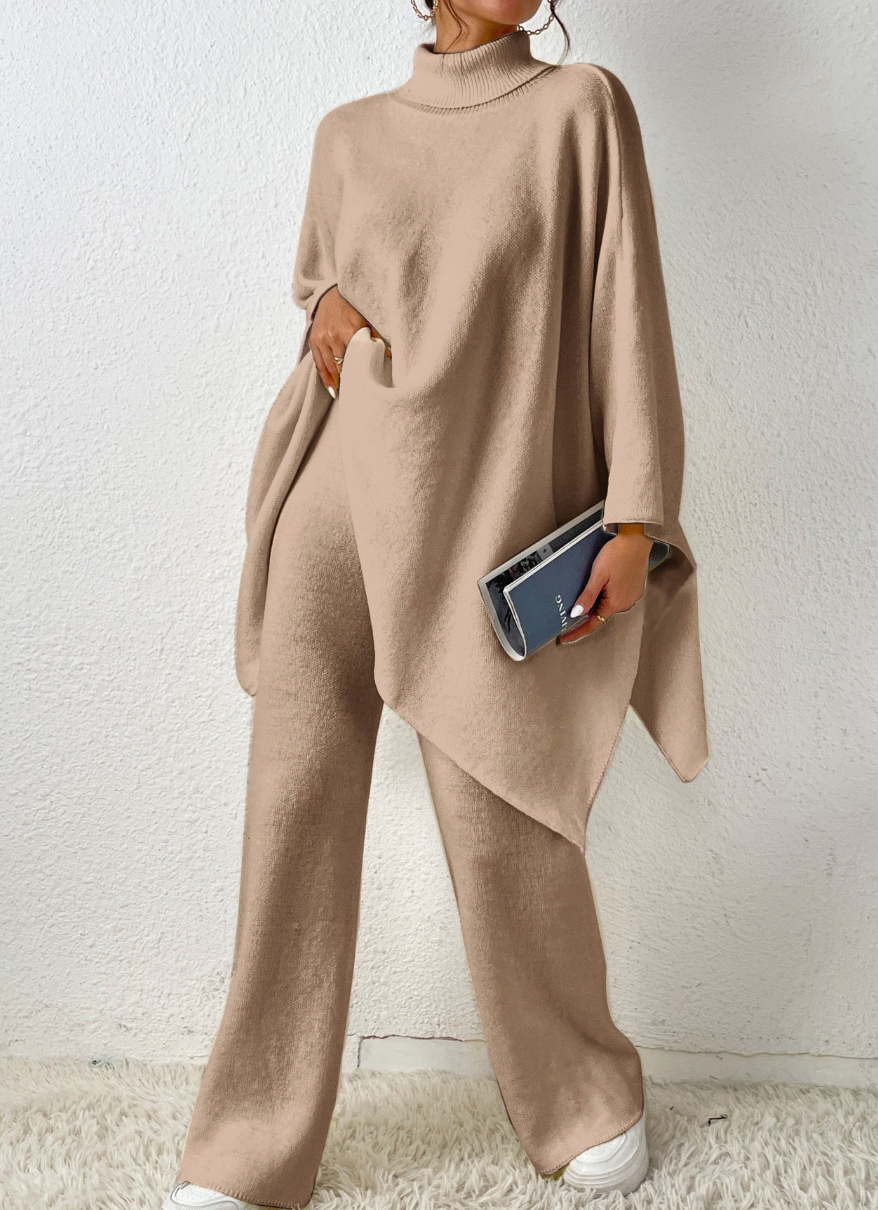 Whisper Mint - Turtleneck Knit Poncho + Knit Pant