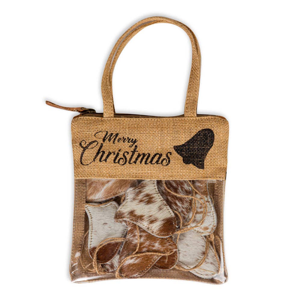 Woven burlap bag filled with ten brown hair-on hide bell ornaments featuring stitched edges, perfect for holiday decor.