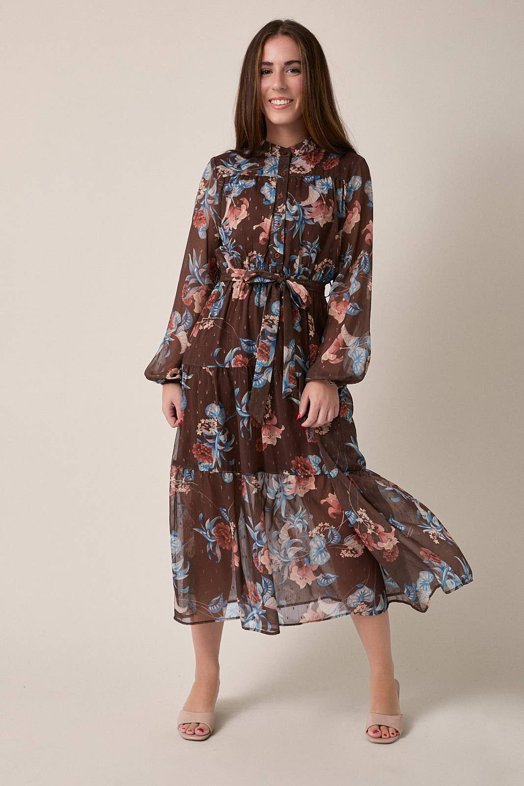 GILLI - ROUND NECK LONG SLEEVE BUTTON UP WAIST TIE FLORAL MIDI DRESS